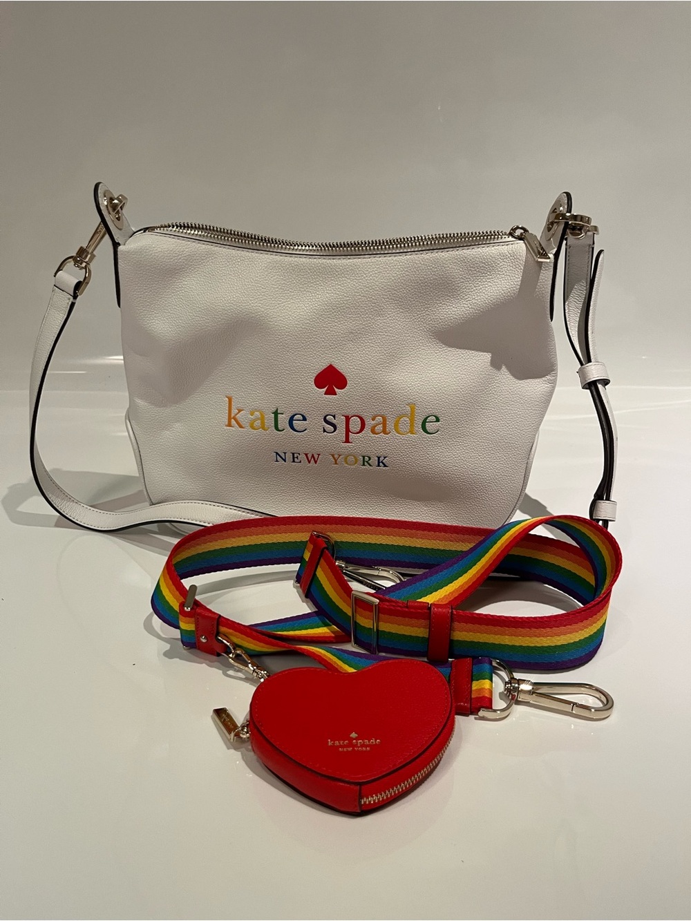 kate spade White Leather Crossbody with Rainbow Logo and Red heart coin purse